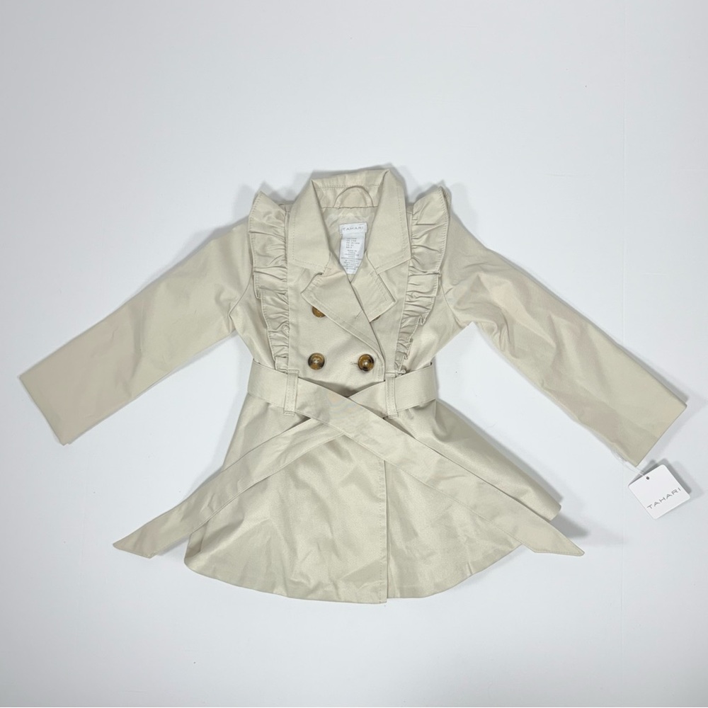 Ruffle Double Breasted Tahari Tan Polyester Trench Coat Jacket 24M